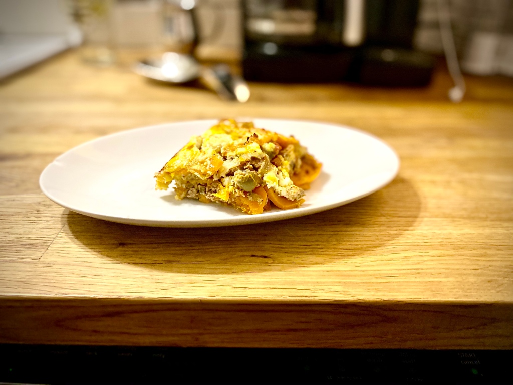 “Breakfast for dinner” gluten-free egg casserole with lamb